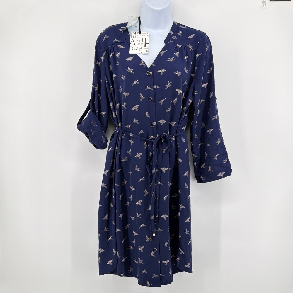 41 Hawthorn Cristen Shirt Dress Women L Navy Blue NWT Bird Print Roll Tab Waist